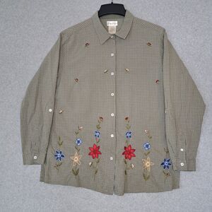 VTG Bobbie Brooks Womens Large Gingham Plaid Floral Embroidered Roll Tab Green